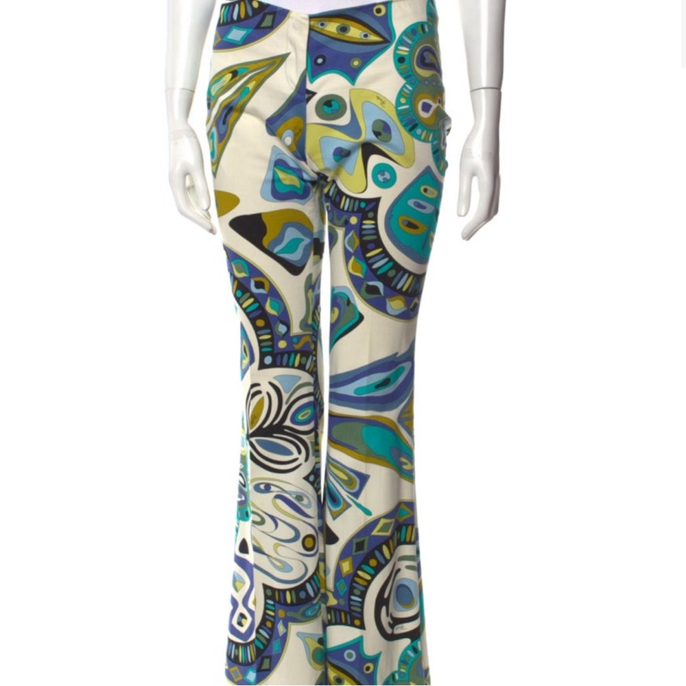 Emilio Pucci Blue and Green Flare Pants with Paisley Print